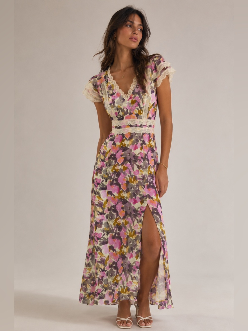 NWT French Connection Catlett Crinkle Lace Trim Floral Midi Dress Slit Sz S